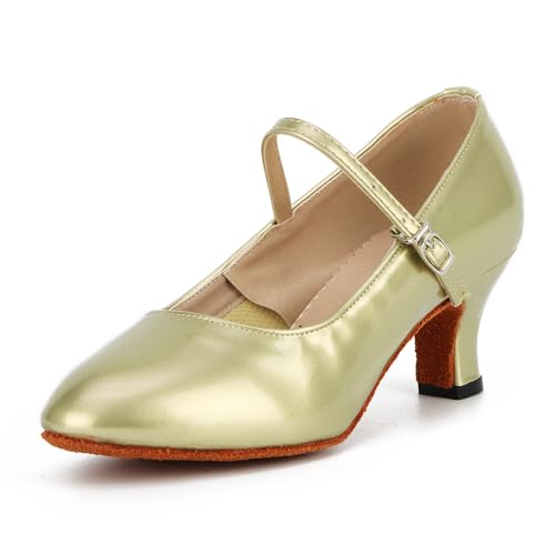 Syrads Damen Tempo Tanzschuhe Damen Latein Tanzschuhe Wildleder Sohle Ballsaal Salsa Tanz Charakter Schuhe,Gold 5.5cm Heel,40 EU von Syrads