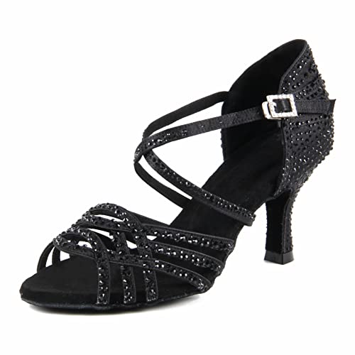 Syrads Frauen Peep Toe Cross Strap Strass Tango Social Ballsaal Latein Tanzschuhe Hochzeitsfeier Tanzschuhe,Schwarz 7.5cm Heel,39 EU von Syrads