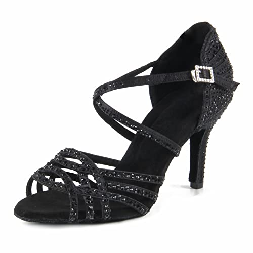 Syrads Frauen Peep Toe Cross Strap Strass Tango Social Ballsaal Latein Tanzschuhe Hochzeitsfeier Tanzschuhe,Schwarz 8.5cm Heel,36 EU von Syrads