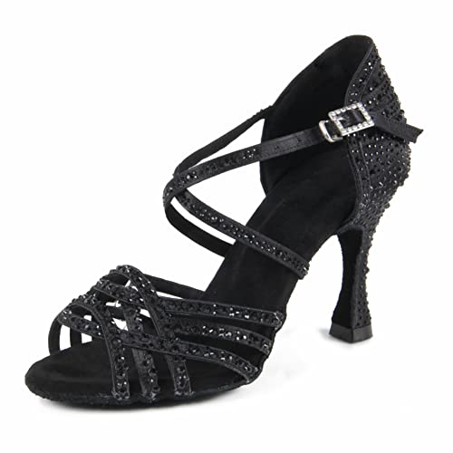 Syrads Frauen Peep Toe Cross Strap Strass Tango Social Ballsaal Latein Tanzschuhe Hochzeitsfeier Tanzschuhe,Schwarz 9cm Heel,36 EU von Syrads