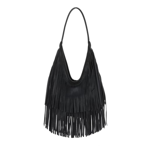 Syrads Frauen Quaste Hobo und Schulter Handtaschen Hobo Damen Taschen Umhängetasche Geldbörse,Schwarz von Syrads