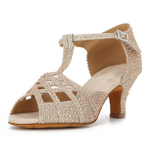 Syrads Frauen Strass Tanzschuhe Ballsaal Latin Salsa Bachata Performance Tanz Tanzschuhe,Gold 6cm Heel,40 EU von Syrads