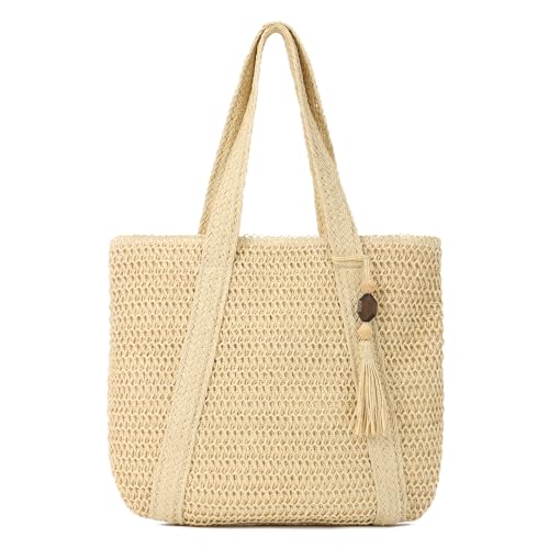Syrads Stroh Strandtasche für Damen Sommer gewebte Tragetasche Schulter Handtasche Boho Hobo Taschen,Beige von Syrads