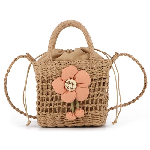 Syrads Stroh Strandtasche für Damen Sommer handgewebte Taschen Geldbörse Stroh Handtasche Clutch,Khaki mit Blume von Syrads