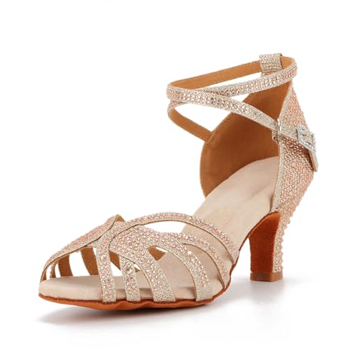 Syrads Tanzschuhe für Damen Ballsaal Salsa Latein offene Zehen Tanzschuhe für gesellschaftliche Anfänger Partys Hochzeiten Auftritte,Gold 6cm Heel,38 EU von Syrads