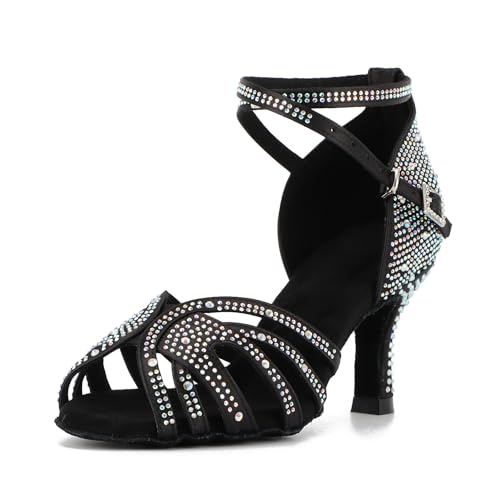 Syrads Tanzschuhe für Damen Ballsaal Salsa Latein offene Zehen Tanzschuhe für gesellschaftliche Anfänger Partys Hochzeiten Auftritte,Schwarz 7.5cm Heel,37 EU von Syrads