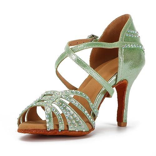 Syrads Tanzschuhe für lateinamerikanische Frauen Salsa-Tanzschuhe glitzernde Strasssteine professionelle Tanzschuhe für Ballsaal weicher Boden,Grün 8.5cm Heel,36 EU von Syrads