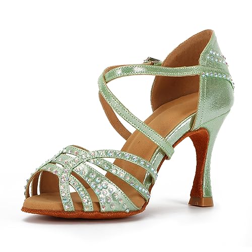 Syrads Tanzschuhe für lateinamerikanische Frauen Salsa-Tanzschuhe glitzernde Strasssteine professionelle Tanzschuhe für Ballsaal weicher Boden,Grün 9cm Heel,38 EU von Syrads