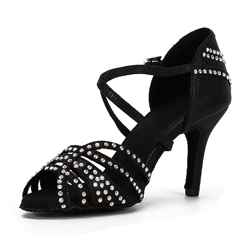 Syrads Tanzschuhe für lateinamerikanische Frauen Salsa-Tanzschuhe glitzernde Strasssteine professionelle Tanzschuhe für Ballsaal weicher Boden,Schwarz 8.5cm Heel,41 EU von Syrads