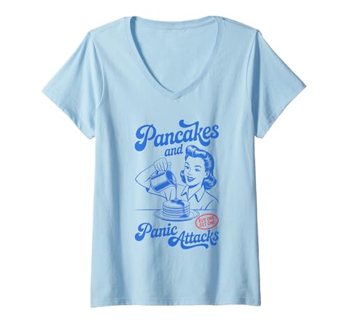 Damen Pfannkuchen und Panikattacken Lustiger Humor-Retro-Schlafanzug T-Shirt mit V-Ausschnitt Damen Pfannkuchen und Panikattacken Lustiger Humor-Retro-Schlafanzug T-Shirt mit V-Ausschnitt von Syrup & Slippers