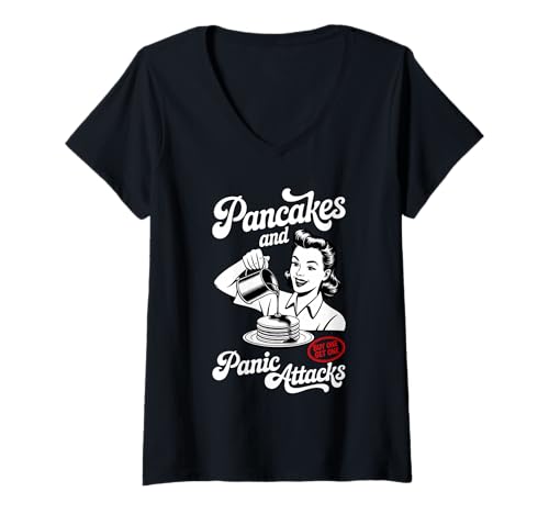 Damen Pfannkuchen und Panikattacken Lustiger Humor-Retro-Schlafanzug T-Shirt mit V-Ausschnitt Damen Pfannkuchen und Panikattacken Lustiger Humor-Retro-Schlafanzug T-Shirt mit V-Ausschnitt von Syrup & Slippers