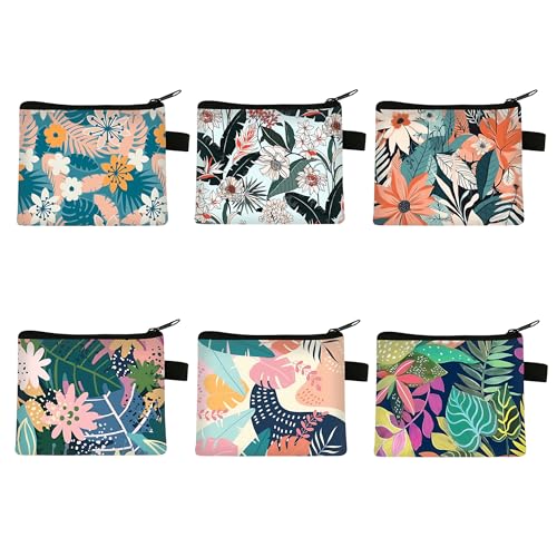 Syrvnto 6 Stück Mini Geldbörse Damen Geldbeutel mit Tropischem Design Reißverschluss Portemonnaie für Münzen, Lippenstift, Schlüssel, Kreditkarten, Kopfhörer Farbenfrohe Blumen Palmen Print von Syrvnto