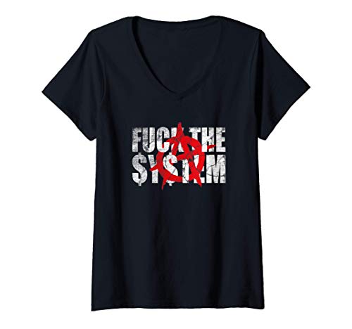 Damen Fuck The System Anti Politik Anarchie T-Shirt mit V-Ausschnitt von System Error Shop