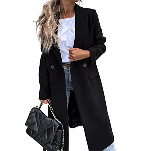 Damen Herbst Winter Mantel, Damen Elegant Lang Blazer Anzug Kragen All Match Langarm Knopfleiste Winter Overcoat für Büro, Schwarz , 36 von Sytaun