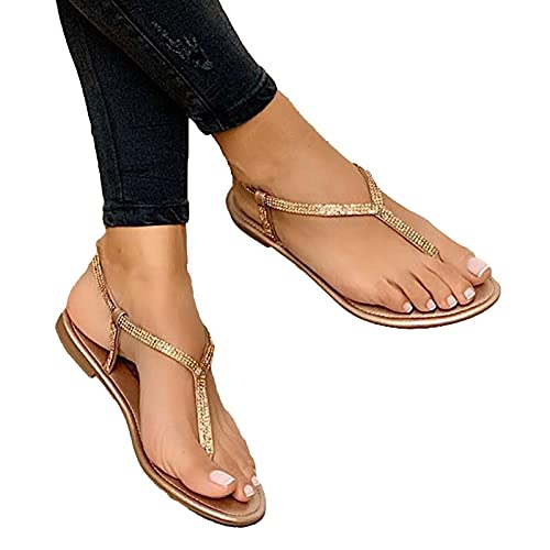 Sytaun Damen Flache Sandale, Damen Sandale, Flip Flops Sandalen Strass Zehentrenner Damen Riemchen Flache Rutschfeste Sandalen Für Strand Golden 37 von Sytaun