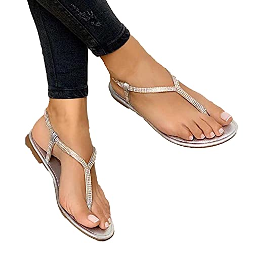 Sytaun Damen Flache Sandale, Damen Sandale, Flip Flops Sandalen Strass Zehentrenner Damen Riemchen Flache Rutschfeste Sandalen Für Strand Silber 40 von Sytaun