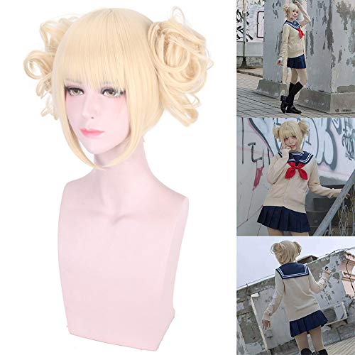 Sytaun Frauen Kurze Perücke Synthetisches Haar Mit 2 Brötchen Pony Anime Cosplay Party Haarteil Lange Perücke Dress Up Frisur Hellgolden von Sytaun