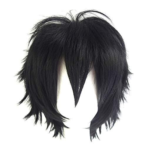 Sytaun Männer Kurze Stachelige Geschichtete Haare Synthetische Halloween Anime Cosplay Perücke Haarteil Lange Perücke Dress Up Frisur Schwarz von Sytaun