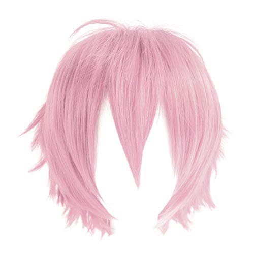 Sytaun Männer Kurze Stachelige Geschichtete Haare Synthetische Halloween Anime Cosplay Perücke Haarteil Lange Perücke Dress Up Frisur Rosa von Sytaun