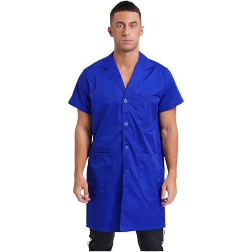 Sywiyi Berufsmantel Herren Blau Schwarz Arbeitskittel Arbeitsmantel Kurzarm Laborkittel mit 3 Taschen Werkstatt Labor Uniform Arbeitskleidung Königsblau M/175 von Sywiyi