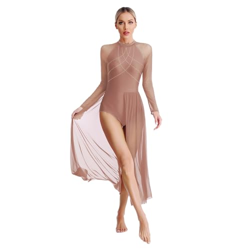 Sywiyi Damen Ballettkleid Lang Lyrisches Tanzkleid Langarm Tanzbody mit Mesh Maxi Rock Glitzer Elegant Tanzkostüm A Altrosa S von Sywiyi