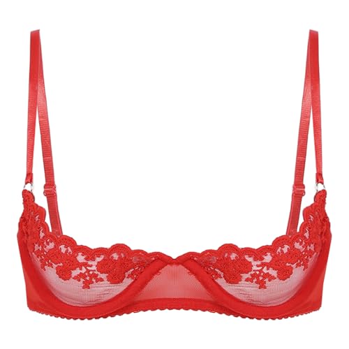 Sywiyi Damen Büstenhebe Offen mit Bügel Hebe BH Push Up Ouvert Reizwäsche Spitze Dessous Unterwäsche Durchsichtig A Rot XXL von Sywiyi