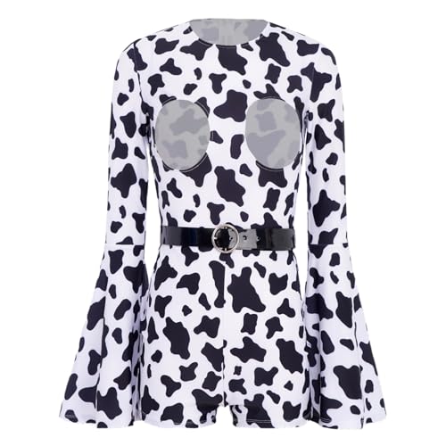Sywiyi Damen Langarm Overall Offene Brust Jumpsuit Rundhals Bodysuit Einteiler Body mit Gürtel Dessous Kuh Kostüm Mottoparty Rollenspiel Kostüm von Sywiyi