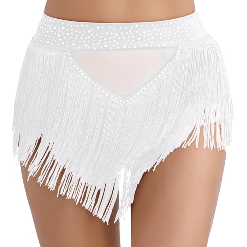 Sywiyi Damen Latein Rock Fransen Tanzshorts Kurze Hose Hosenrock Hohe Taille Glitzer Tanzrock Tango Salsa Standard Dance Outfit Weiß M von Sywiyi