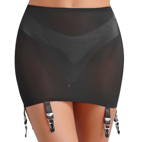 Sywiyi Damen Netz Minirock Bodycon Röckchen Sexy Strapsgürtel Breit Strumpfhalter mit 6 Clips Unterwäsche Dessous Stretch Schwarz L von Sywiyi