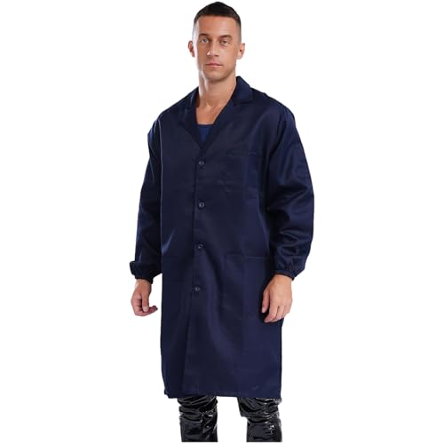 Sywiyi Herren Arbeitsmantel in Blau Grau Langarm Kittel Mantel Berufsmantel mit Taschen Knopfleiste Erwachsene Arbeitskleidung für Werkstatt Labor Navy blau L von Sywiyi