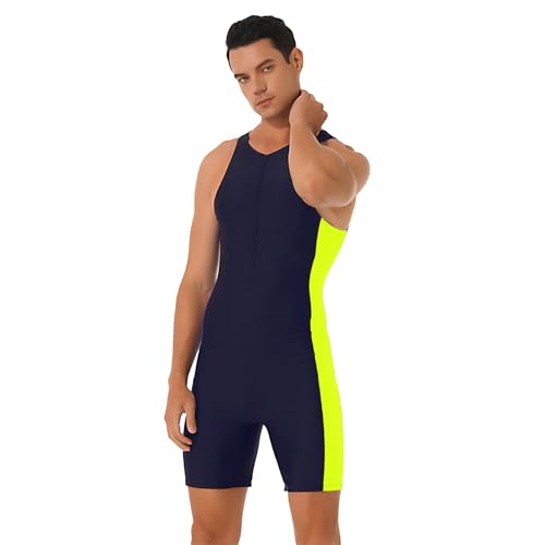 Sywiyi Herren Einteiler Badeanzug Schwimmanzug Kurz Ärmellos Bademode One Piece Swimsuit Sonner Wassersport Surfen Outfit A Navy Blau&Hell Grün XL von Sywiyi