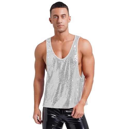 Sywiyi Herren Glitzer Tank Top Lang Oberteil Ärmellos Shirt Trägershirt mit Tiefer-U Ausschnitt Sexy Fasching Karneval Silvester Kostüm Silber M von Sywiyi