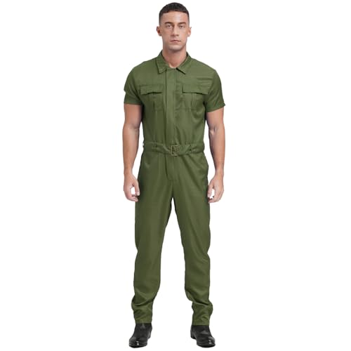 Sywiyi Herren Kurzarm Overall Jumpsuit Lange Einteiler Arbeitsoverall mit Gürtel Zipper Maleranzug Arbeitskleidung Armeegrün M von Sywiyi