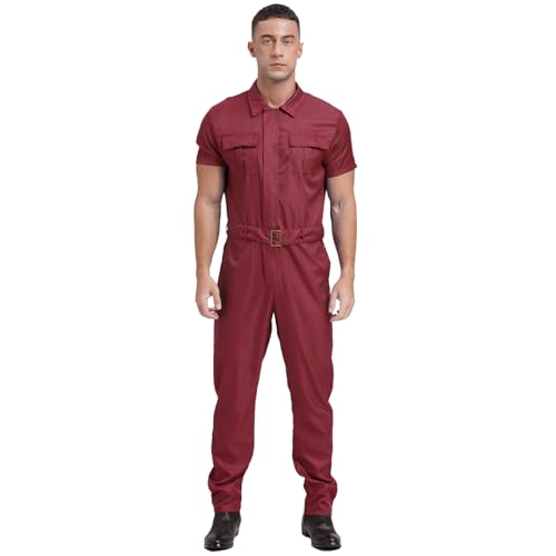 Sywiyi Herren Kurzarm Overall Jumpsuit Lange Einteiler Arbeitsoverall mit Gürtel Zipper Maleranzug Arbeitskleidung Burgundy S von Sywiyi