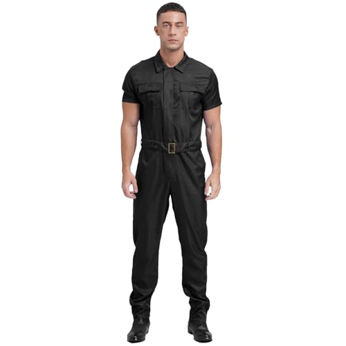 Sywiyi Herren Kurzarm Overall Jumpsuit Lange Einteiler Arbeitsoverall mit Gürtel Zipper Maleranzug Arbeitskleidung Schwarz S von Sywiyi