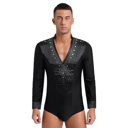 Sywiyi Herren Latein Hemd Samba Rumba Oberteil Langarm Bodysuit Glitzern Hemdbody Trikot mit V-Ausschnitt Männer Standard Tanz Kostüm Schwarz XXL von Sywiyi
