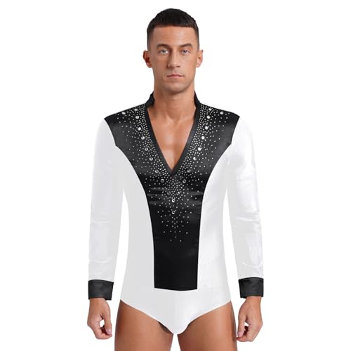 Sywiyi Herren Latein Hemd Samba Rumba Oberteil Langarm Bodysuit Glitzern Hemdbody Trikot mit V-Ausschnitt Männer Standard Tanz Kostüm Weiß L von Sywiyi