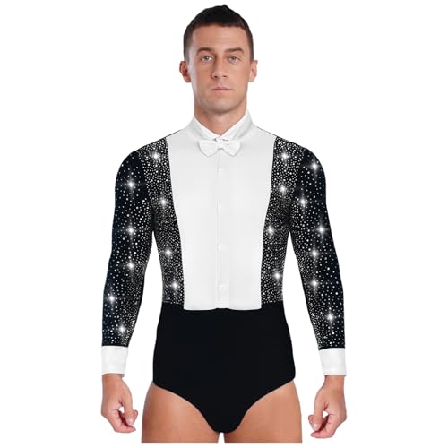 Sywiyi Herren Latein Tanz Oberteil Langarm Tanzhemd Bodysuit Leotard Tanzanzug mit Fliege Erwachsene Standard Dance Kostüm Schwarz XL von Sywiyi