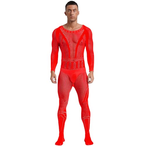 Sywiyi Herren Netzbody Einteiler Bodystocking Overall Durchsichtig Skinny Catsuit Unterwäsche Dessous Nachtwäsche Stretch Rot Einheitsgröße von Sywiyi