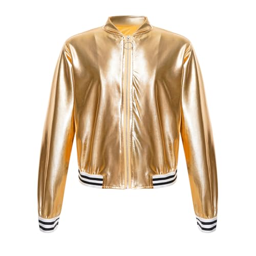 Sywiyi Kinder Mädchen Bomberjacke Metallic Jacke mit Reißverschluss Baseball Jacke Ohne Kapuze Casual Freizeit Kleidung Gold 146-152 von Sywiyi