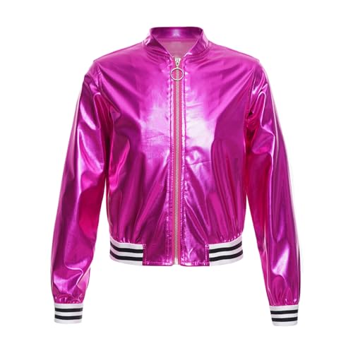 Sywiyi Kinder Mädchen Bomberjacke Metallic Jacke mit Reißverschluss Baseball Jacke Ohne Kapuze Casual Freizeit Kleidung Hot Pink 122-128 von Sywiyi
