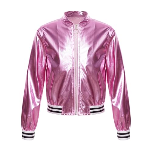 Sywiyi Kinder Mädchen Bomberjacke Metallic Jacke mit Reißverschluss Baseball Jacke Ohne Kapuze Casual Freizeit Kleidung Rosa 146-152 von Sywiyi