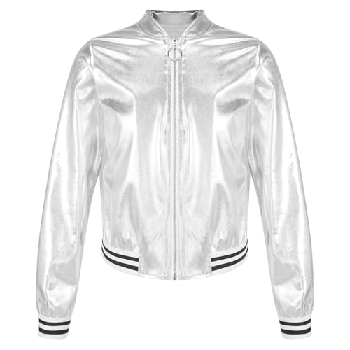 Sywiyi Kinder Mädchen Bomberjacke Metallic Jacke mit Reißverschluss Baseball Jacke Ohne Kapuze Casual Freizeit Kleidung Silber 170-176 von Sywiyi