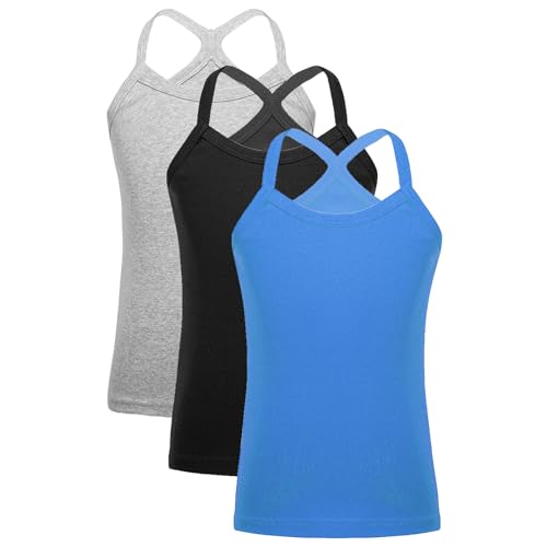 Sywiyi Mädchen 3X Unterhemd Baumwolle Tank Top Ärmellos Basic Shirt Oberteil mit Spaghettiträger Racerback Kinder Unterwäsche Schwarz&Grau&Blau 122-128 von Sywiyi