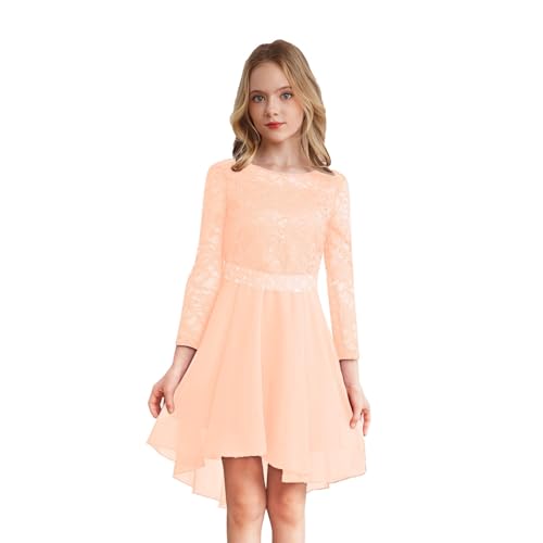 Sywiyi Mädchen Abendkleid Festlich Langarm Partykleid Blumenmädchenkleid mit Spitze Vokuhila Kleider Elegant für Hochzeit Party Geburtstag Nude 134-140 von Sywiyi