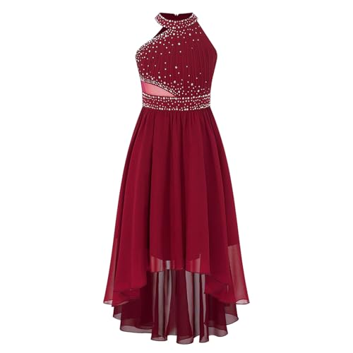 Sywiyi Mädchen Blumenmädchenkleid Festlich Hochzeit Party Maxikleid Neckholder Vokuhila Kleid mit Strass Elegant Burgundy 158-164 von Sywiyi