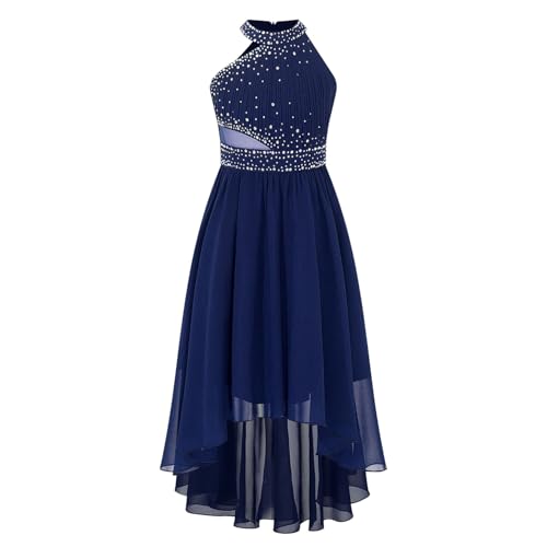 Sywiyi Mädchen Blumenmädchenkleid Festlich Hochzeit Party Maxikleid Neckholder Vokuhila Kleid mit Strass Elegant Navy blau 146-152 von Sywiyi