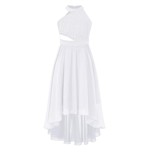 Sywiyi Mädchen Blumenmädchenkleid Festlich Hochzeit Party Maxikleid Neckholder Vokuhila Kleid mit Strass Elegant Weiß 134-140 von Sywiyi