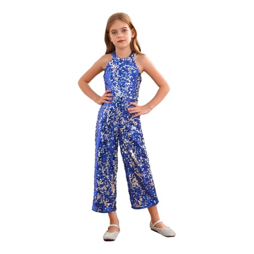 Sywiyi Mädchen Glitzer Jumpsuit Lang Neckholder Hosenanzug Playsuit Einteiler Gymnastikanzug Disco Mottoparty Tanz Kostüm Königsblau 110-116 von Sywiyi