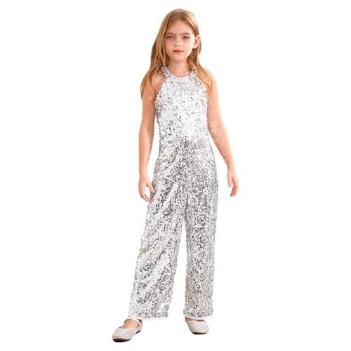 Sywiyi Mädchen Glitzer Jumpsuit Lang Neckholder Hosenanzug Playsuit Einteiler Gymnastikanzug Disco Mottoparty Tanz Kostüm Silber 158-164 von Sywiyi